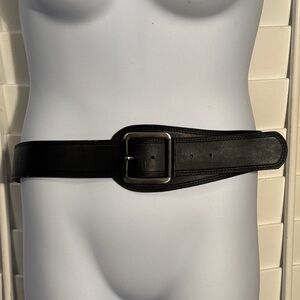 Wide Black Leather Belt with Square Silver Buckle